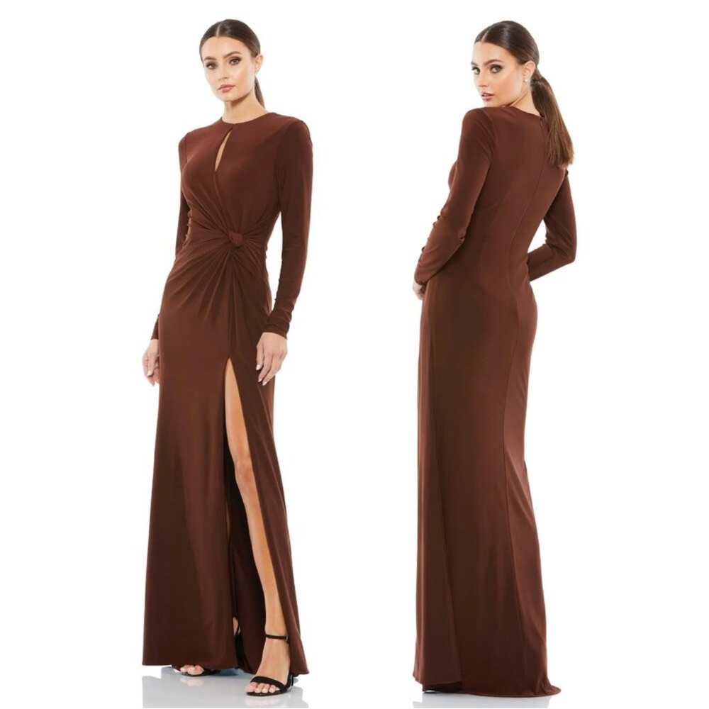 Mac Duggal Ieena Keyhole Draped Maxi Gown Long Sleeve Dress Size 14 Chocolate - Picture 5 of 12